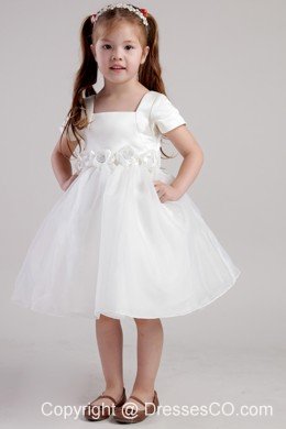 White A-line Square Knee-length Organza Hand Made Flowers Little Girl Dress