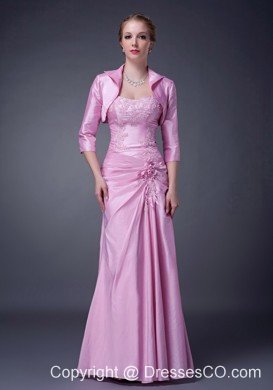 Pink Column Strapless Long Taffeta Appliques Mother Of The Bride Dress