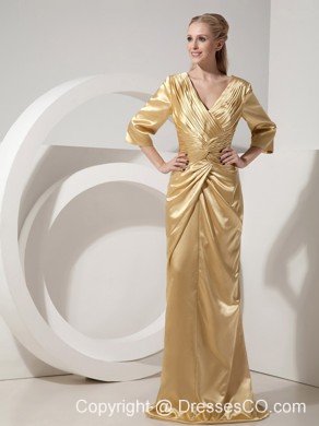 Gold Column V-neck Brush Train Taffeta Ruching Prom Dress