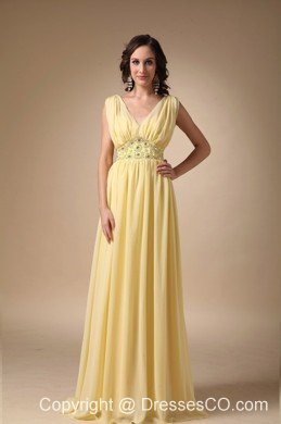 Yellow Chiffon V-neck Beaded Long Prom Dress