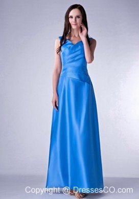 Brand New Sky Blue Cloumn V-neck Taffeta Ruched Ankle-length Prom Dress