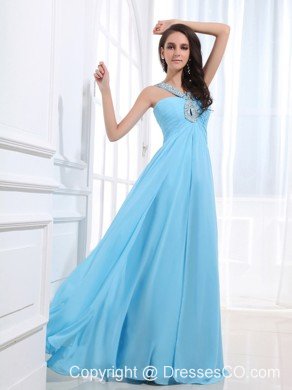 Beaded Decorate V-neck and Baby Blue For Simple Custom Made Prom Dress