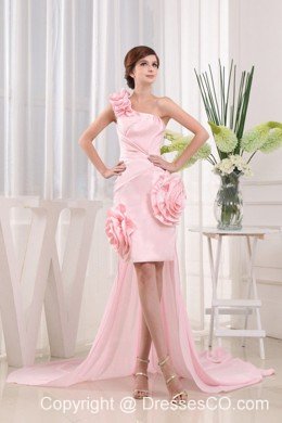 Lovely High-low One Shoulder Hand Made Flowers Baby Pink Strapless Prom Dress With Ruching
