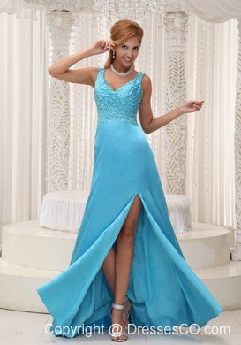 High Slit Aqua Blue Straps and Beaded Decorate Up Bodice Gown Prom / Evening Dress For 2013