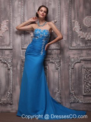 Blue Column Strapless Brush Train Chiffon Appliques Prom / Evening Dress