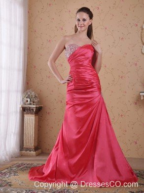 Coral Red A-line / Princess Court Train Taffeta Beading and Ruche Prom / Celebrity Dress