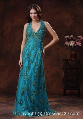 Halter Turquoise Brush Train Prom Dress With Appliques Decorate