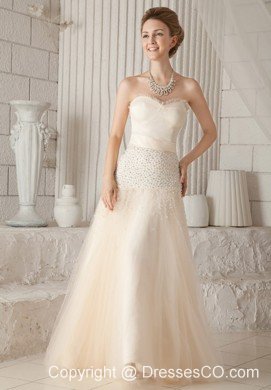 Champagne A-line / Princess Long Tulle And Satin Beading Prom / Pageant Dress