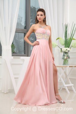 Baby Pink Beading High Slit Prom Dress