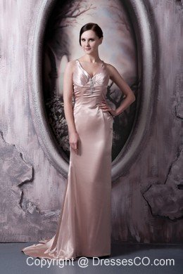 Pretty Light Pink Column Prom Dress Straps Elastic Woven Satin Beading Brush Train
