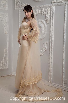 Romantic Champagne Column Strapless Brush Train Satin Lace Wedding Dress