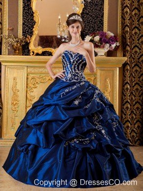 Navy Blue Ball Gown Long Taffeta Appliques Quinceanera Dress