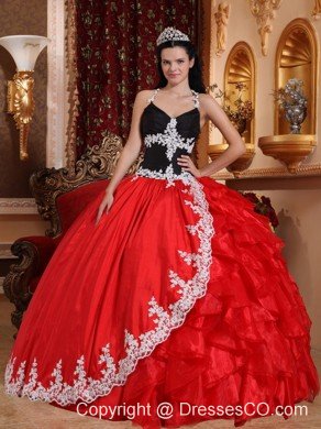 Red And Black Ball Gown Halter Long Taffeta And Organza Appliques Quinceanera Dress