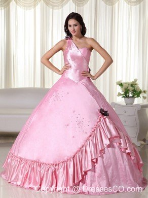 Baby Pink Ball Gown One Shoulder Long Taffeta Beading Quinceanera Dress