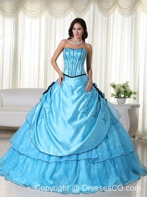 Aqua Ball Gown Strapless Long Organza Beading Quinceanera Dress