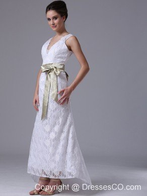High-low V-Neck Lace Stylish Customize Wedding Dress With Sashes/Ribbons
