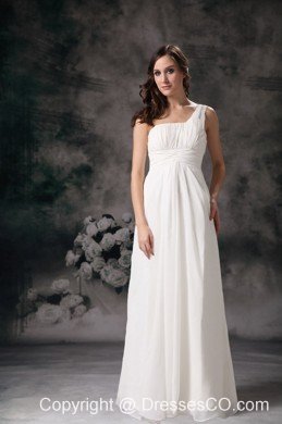 White Column / Sheath One Shoulder Long Chiffon Ruched Wedding Dress