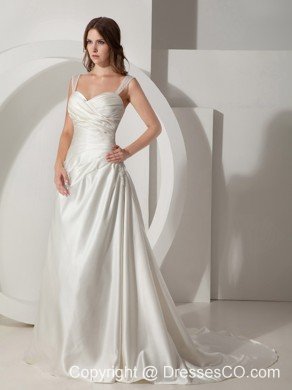 Simple A-Line / Princess Straps Court Train Taffeta Ruched Wedding Dress
