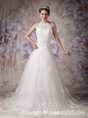 Chic A-line / Princess Halter Court Train Tulle Beading Wedding Dress
