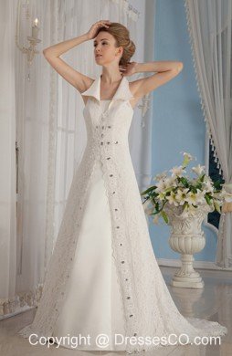 Formal A-Line / Princess V-Neck Court Train Lace Beading Wedding Dress