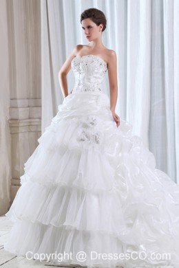 Romantic A-line Strapless Court Train Organza Beading and Appliques Wedding Dress