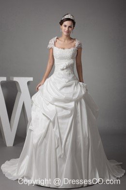 Appliques Ball Gown Cap Sleeves Square Neck Wedding Dress