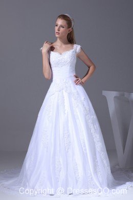 V-neck Cap Sleeves Lace Court Train A-line Wedding Dress