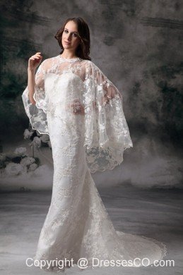 Simple Column Brush Train Lace Wedding Dress
