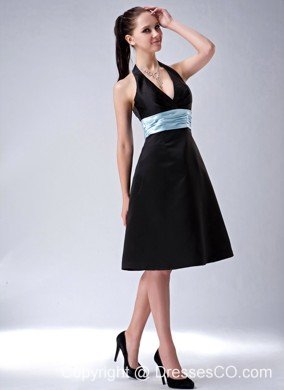 Custom Made Black A-line / Princess Halter Little Black Dress Belt Knee-length Satin
