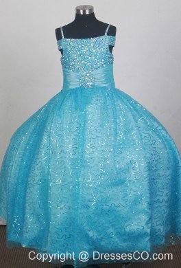 Light Blue Sequin Flower Girl Dress With Off The Shoulder Beaded Decorate