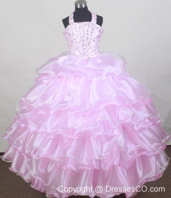 Brand New Halter Baby Pink Flower Girl Pageant Dress With Beaded and Ruffled Layers Decorate