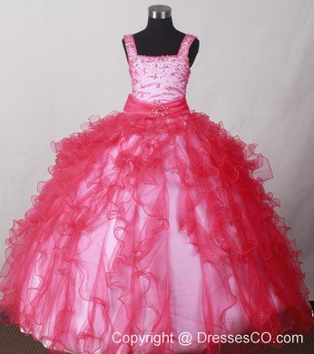 Coral Red Straps With Beading For Little Girl Pageant Dresses