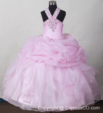 Sweet Baby Pink Little Girl Pageant DressWith V-neck Beading and Pick-ups