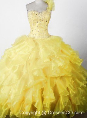 Elegant Beading Ruffles Ball Gown One Shouldder Long Little Girl Pageant Dress