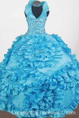 Luxurious Beading Hand Made Flowers Ball Gown Little Girl Pageant Dress Halter Top Long