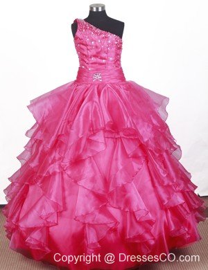 Beautiful Beading Ruffles Ball Gown Little Girl Pageant Dress One Shoulder Long