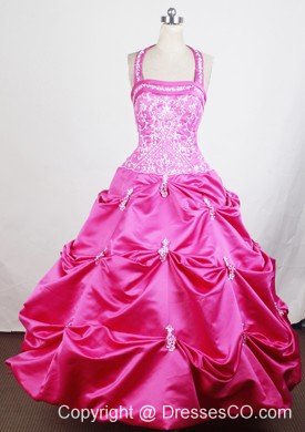 Halter Top and Embroidery For Hot Pink Little Girl Pageant DressWith Appliques and Pick-ups