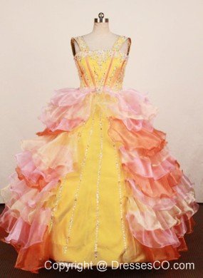 Lovely Multi-color Ruffled Layered Little Girl Pageant Dress Ball Gown With Straps Long