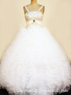 Pretty Ruffles Little Girl Pageant DressStraps Beaded Decorate Bust Long White