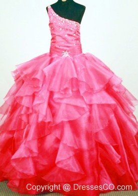 Lovely Beaded Decorate Bust One Shoulder Neck Ruffled Layers Coral Red Little Girl Pageant Dresses