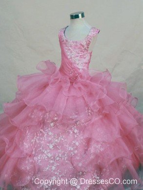 Scoop Pink Organza Appliques Little Girl Pageant DressFor Custom Made