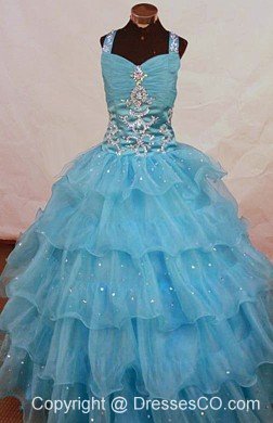 Romantic Straps Long Aqua Blue Organza Beading Little Girl Pageant Dresses