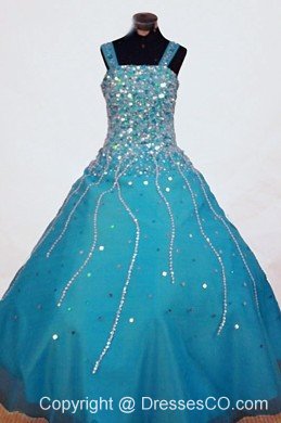 Beading A-line Gorgeous Straps Organza Teal Long Little Girl Pageant Dresses