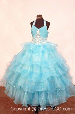 Organza Exquisite Halter Layer Ball Gown Long Aqua Beading Little Girl Pageant Dresses
