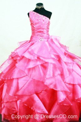 Ruffles Romantic Ball Gown Hot Pink Organza One Shoulder Beading Long Little Girl Pageant Dresses