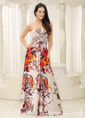 Strapless Printing Evening Dress Beaded Decorate Bust Long