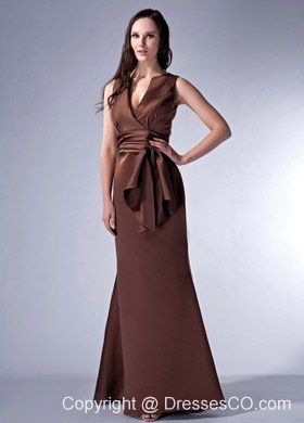 Elegant Brown Cloumn V-neck Satin Ruched Long Prom Dress