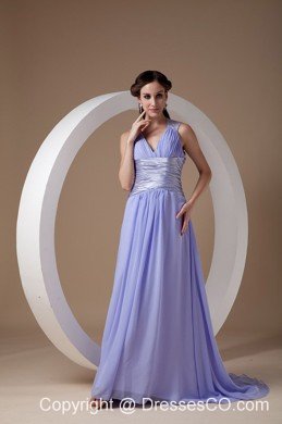 Custom Made Lilac Empire V-neck Ruched Brush Train Chiffon Evening Dress