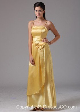 Yellow Column spaghetti Straps Prom Dress With Bow