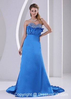 Sky Blue A-line Beaded Modest Dress With Court Train